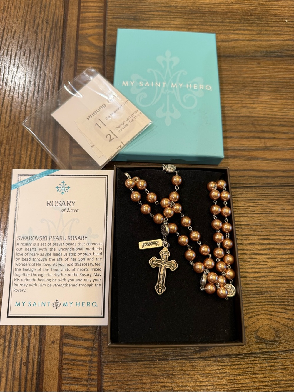 Swarovski Rose-Gold Pearl Rosary Necklace with Silver Cross